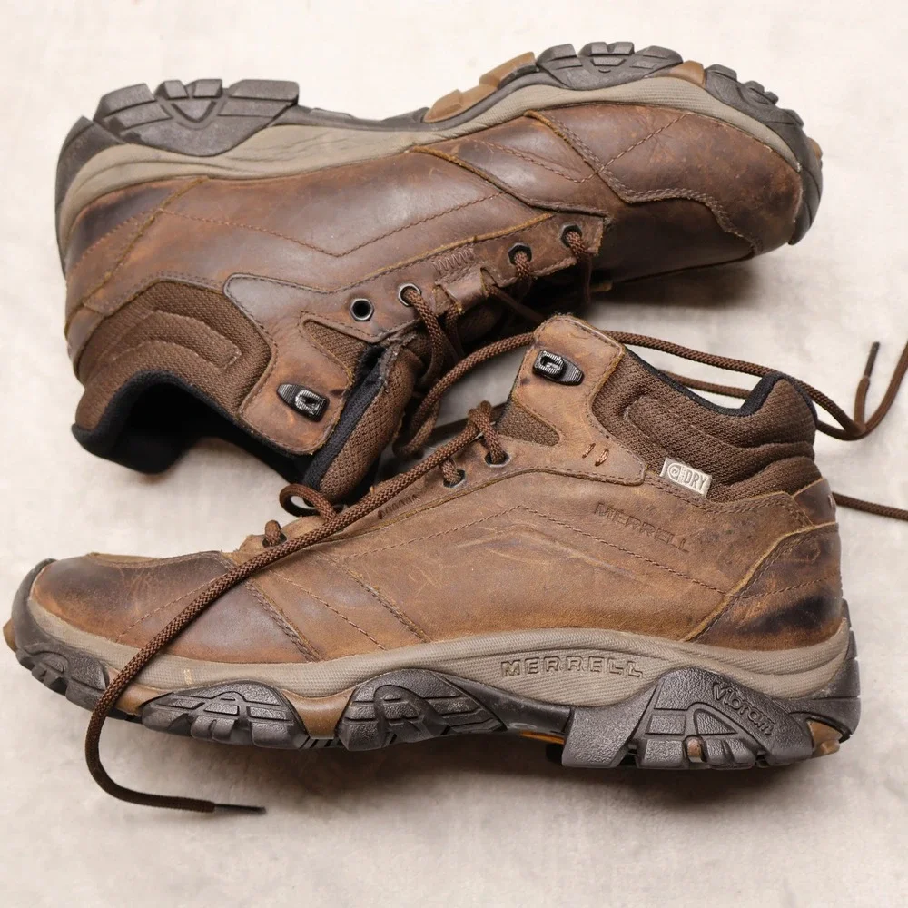 Merrell Boots Mens 10 Brown Leather M Select DRY Vibram Hiking Moab Adventure